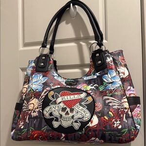 Ed Hardy Skull and Floral Shoulder Bag - Multicolor